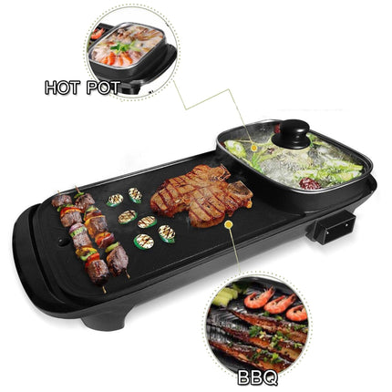 Black electric multi-functional grill and hot pot combo with food illustrations, showing skewers, steak, vegetables, and shrimp on a white background with inset circles labeled HOT POT and BBQ.