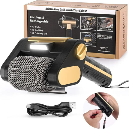 Cordless grill brush with a black and gold handle, mesh bristle head, USB charging cable, and product packaging box on a white background. A small inset shows hands plugging the product in.