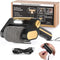 Cordless grill brush with a black and gold handle, mesh bristle head, USB charging cable, and product packaging box on a white background. A small inset shows hands plugging the product in.