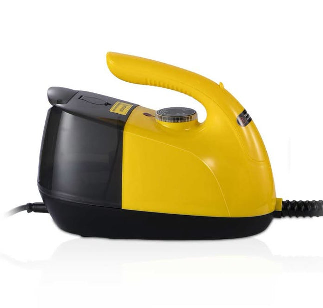 Yellow and black steam iron on a white background with a reflection.