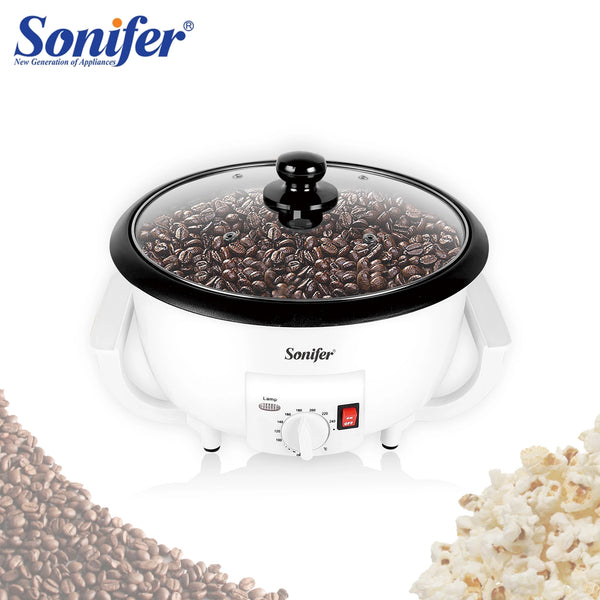 Sonifer coffee roaster with coffee beans and popcorn on a white background