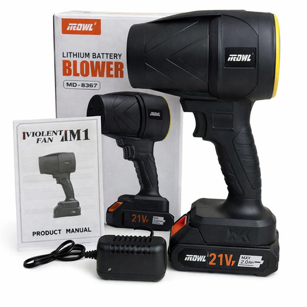 A 21V cordless blower battery kit by iVIOLENT FAN JM1, featuring a black handheld blower, matching battery, charger, product box, and instruction manual on a white background.