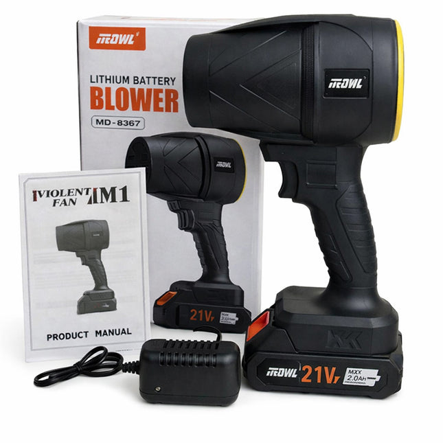A 21V cordless blower battery kit by iVIOLENT FAN JM1, featuring a black handheld blower, matching battery, charger, product box, and instruction manual on a white background.