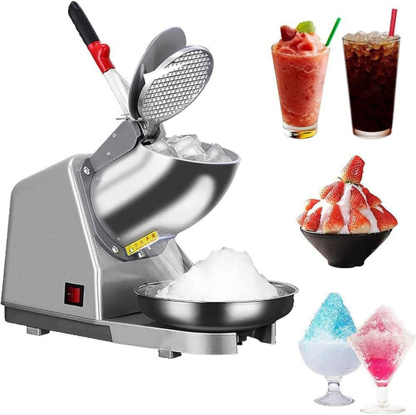 Ice cream and snow cone machine with ice and shaved ice, surrounded by images of shaved ice and drinks.