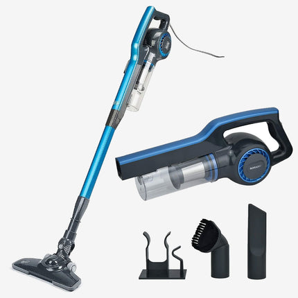 A cordless stick vacuum cleaner set shown on a light gray background, including the main vacuum body with blue and black handle, a handheld attachment, a floor head, a crevice nozzle, a brush brush, and a dust bin holder.