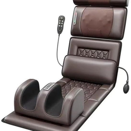 Brown massage chair with footrest and control panel on a white background