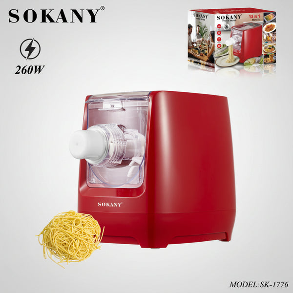 Red Sokany pasta maker with packaging and noodles on a white background