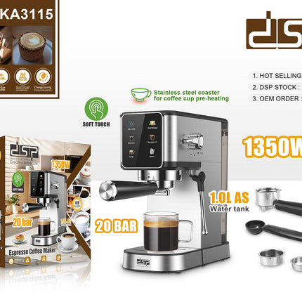 ESP espresso coffee machine with packaging and accessories on a white background