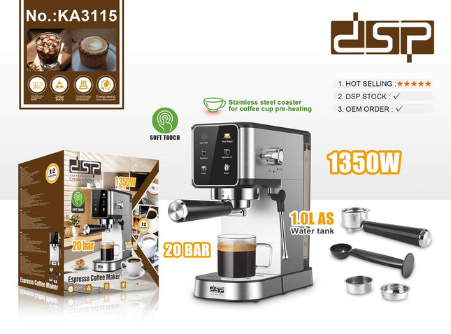 ESP espresso coffee machine with packaging and accessories on a white background