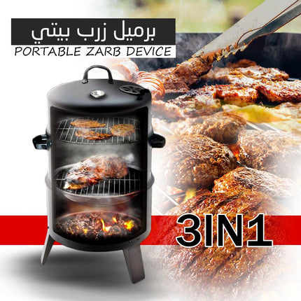 Portable zarb device with grilled meats on a white background