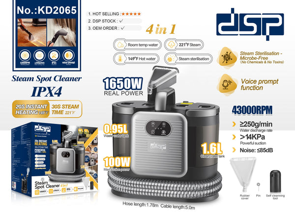 DSP steam spot cleaner with features and specifications on a white background