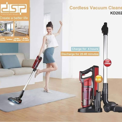 A cordless vacuum cleaner in red and black shown both standing on a charging base and being used by a woman in a living room. The image includes text overlays highlighting features such as 'Cordless Vacuum Cleaner KD2023', 'Charge for 4 hours', and 'Discharge for 20-40 minutes'.