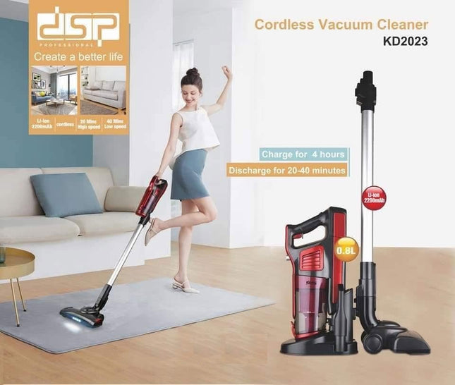 A cordless vacuum cleaner in red and black shown both standing on a charging base and being used by a woman in a living room. The image includes text overlays highlighting features such as 'Cordless Vacuum Cleaner KD2023', 'Charge for 4 hours', and 'Discharge for 20-40 minutes'.