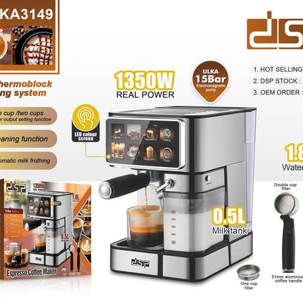 ESPRESSO COFFEE MAKER WITH SPECIFICATIONS AND FEATURES ON A WHITE BACKGROUND
