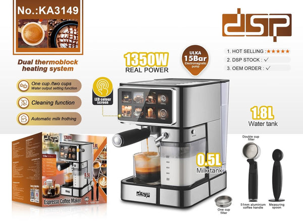 ESPRESSO COFFEE MAKER WITH SPECIFICATIONS AND FEATURES ON A WHITE BACKGROUND