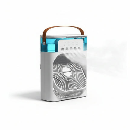 Portable fan with mist output on a wooden surface, with a clock and lamp in the background.