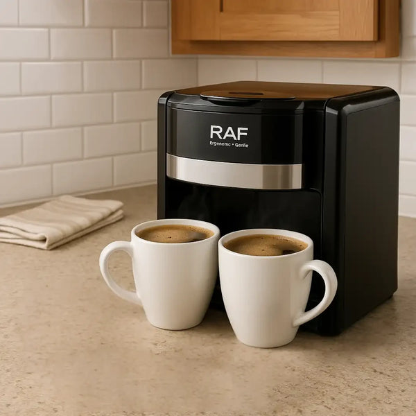 Black coffee machine with two white mugs filled with coffee on a kitchen counter.