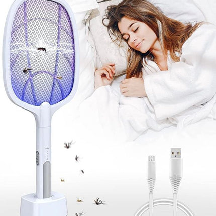 Woman sleeping in bed with a fly swatter and USB cable on a white background