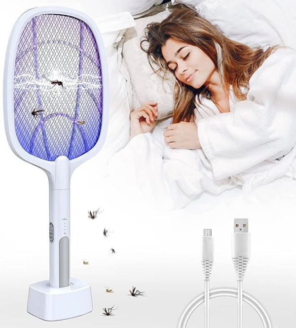Woman sleeping in bed with a fly swatter and USB cable on a white background