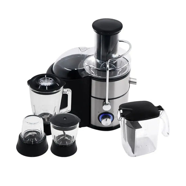 Juicer with attachments on a white background