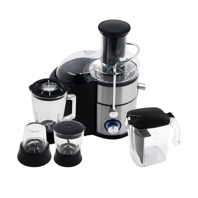 Juicer with attachments on a white background