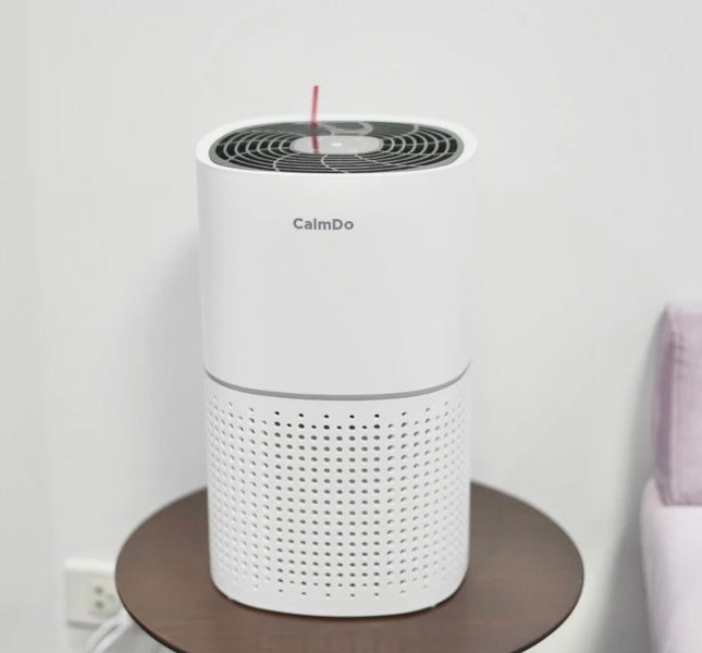 White air purifier with 'CalmDo' branding on a wooden surface against a light gray wall.
