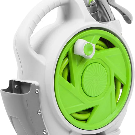 White and green garden hose reel with spray nozzle on a white background