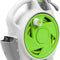 White and green garden hose reel with spray nozzle on a white background