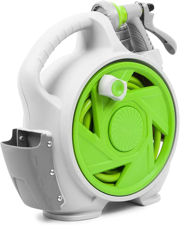 White and green garden hose reel with spray nozzle on a white background