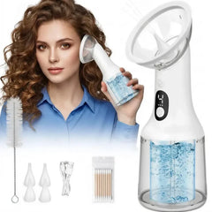 A white facial cleansing device with a clear water reservoir and digital control panel, shown alongside a woman using it, a cleaning brush, three nozzle tips, a clear clip, and a pack of cotton swabs on a white background.