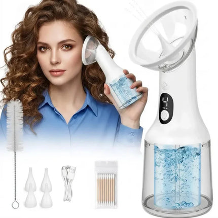 A white facial cleansing device with a clear water reservoir and digital control panel, shown alongside a woman using it, a cleaning brush, three nozzle tips, a clear clip, and a pack of cotton swabs on a white background.