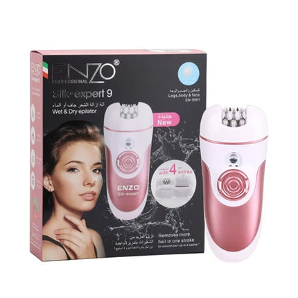 Pink epilator with packaging displaying 'ENZO' brand on a white background