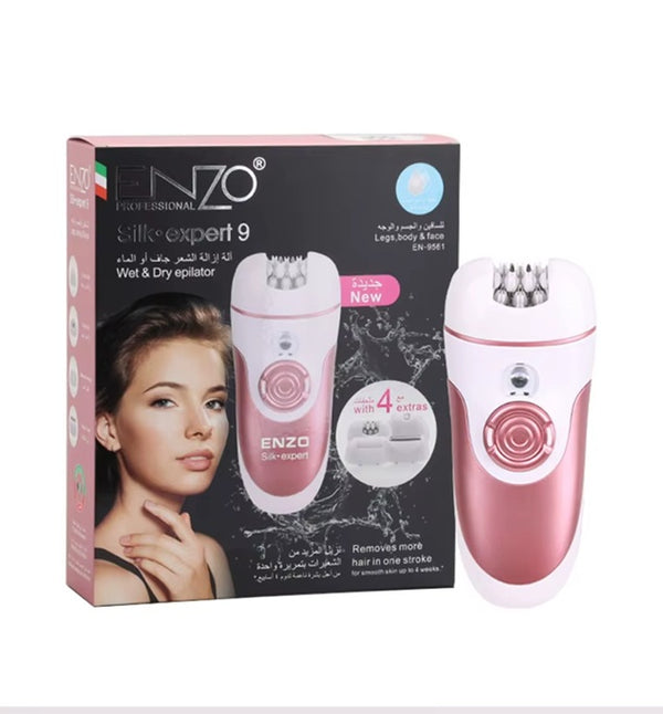 Pink epilator with packaging displaying 'ENZO' brand on a white background