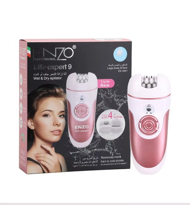 Pink epilator with packaging displaying 'ENZO' brand on a white background