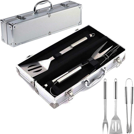 Set of barbecue tools in a metal case on a white background