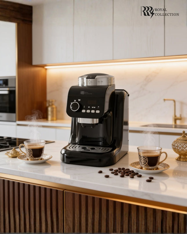 A Royal Collection coffee machine in black and silver sits on a white marble kitchen counter, flanked by two cups of espresso with steam rising, coffee beans scattered in front, and a warm modern kitchen background.