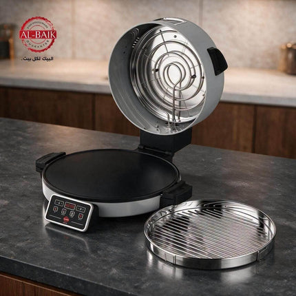 An electric multi-functional griddle and grill pan set on a dark kitchen countertop, with the lid open to show the interior heating elements and accessories placed beside it. The Al-Baik brand logo is visible in the top-left corner.
