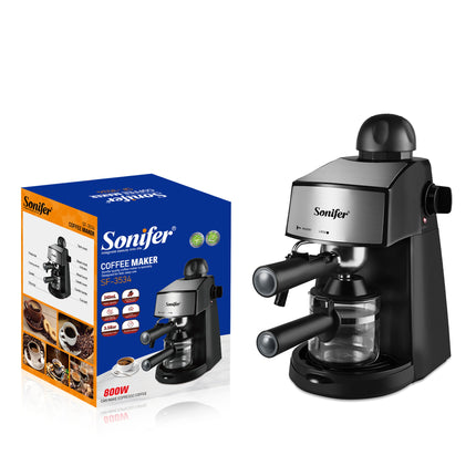 A Sonifer coffee maker shown next to its retail box on a white background. The coffee maker is black and silver with a clear glass carafe, and the box is blue and orange with product details.