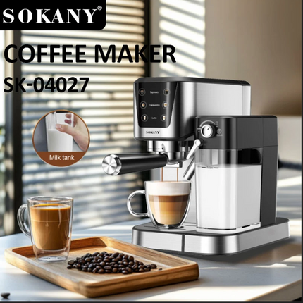 Sokany coffee maker SK-04027 in a kitchen setting, shown dispensing espresso into a cup and featuring a milk tank on the side. The machine has a silver and black finish, with a glass of coffee and a wooden tray of coffee beans in the foreground.