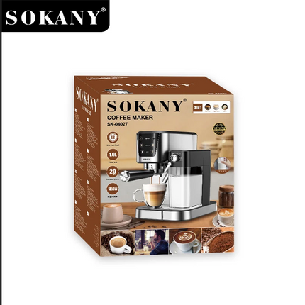 Sokany coffee maker retail box, model SR-G46027, featuring a brown and silver design with product specifications and coffee cup photos on a white background.