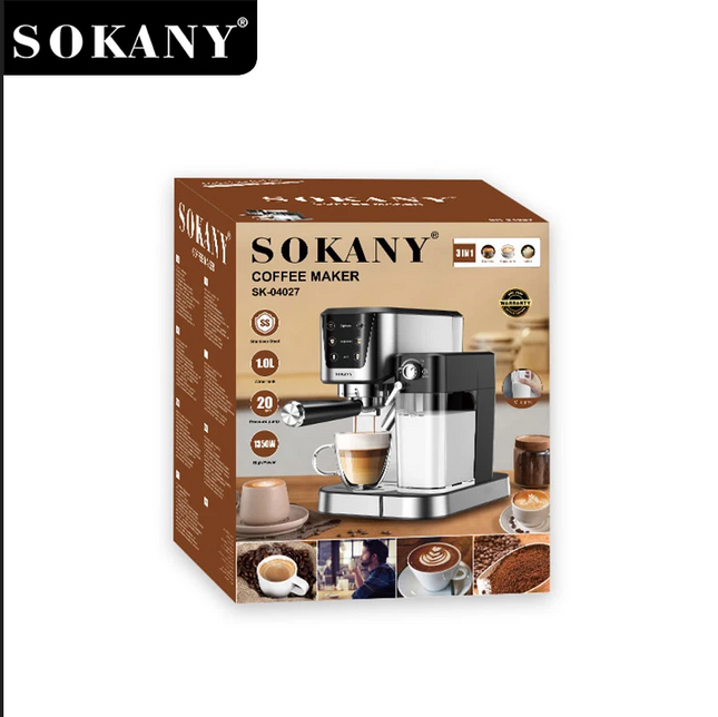 Sokany coffee maker retail box, model SR-G46027, featuring a brown and silver design with product specifications and coffee cup photos on a white background.