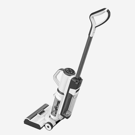 A cordless stick vacuum cleaner with a white and dark gray body, featuring a long handle, transparent dust bin, and floor head, shown on a light gray background.