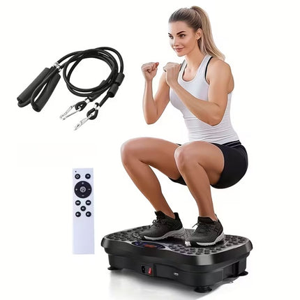Woman using a vibration plate with resistance bands and remote control on a white background