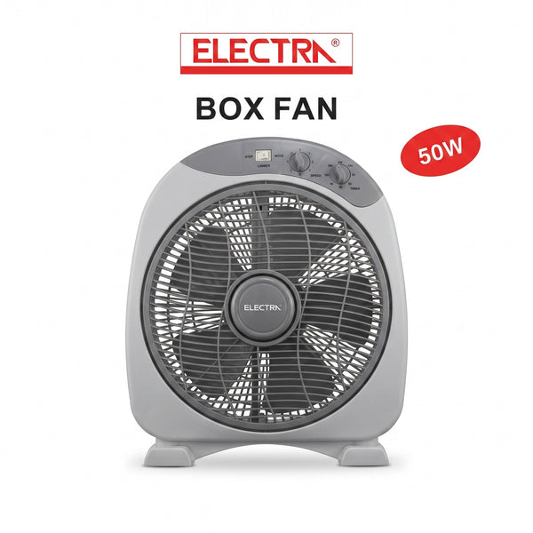 Electra box fan with 50W rating on a white background